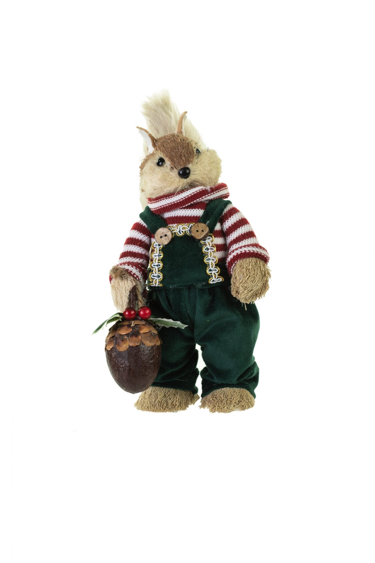 11" Green and Red Straw Squirrel Figurine with Green Overalls