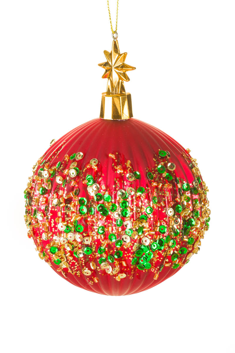 5.75" Hanging Sequin Red and Gold Glass Ball Ornament with Star