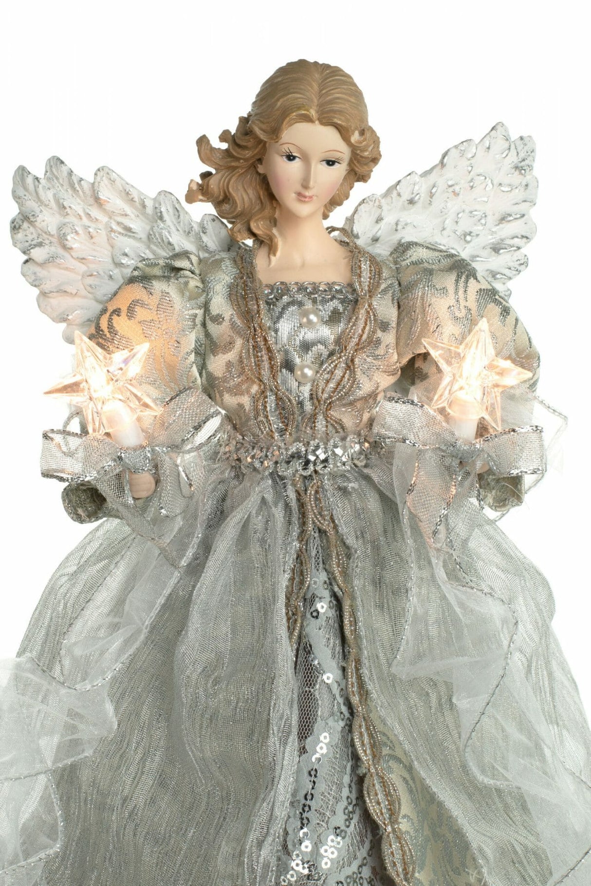 14" Silver Cloth Contemporary 10-Light Angel Tree Topper with Wings
