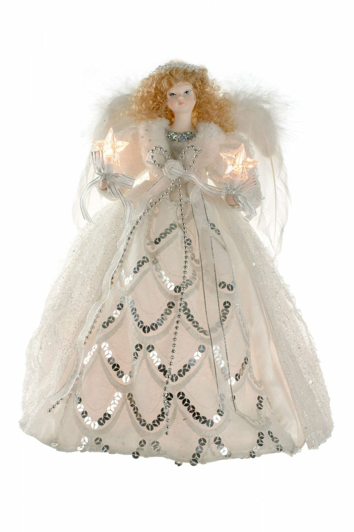 14" White and Silver Cloth Contemporary 10-Light Angel Tree Topper with Blonde Curly Hair