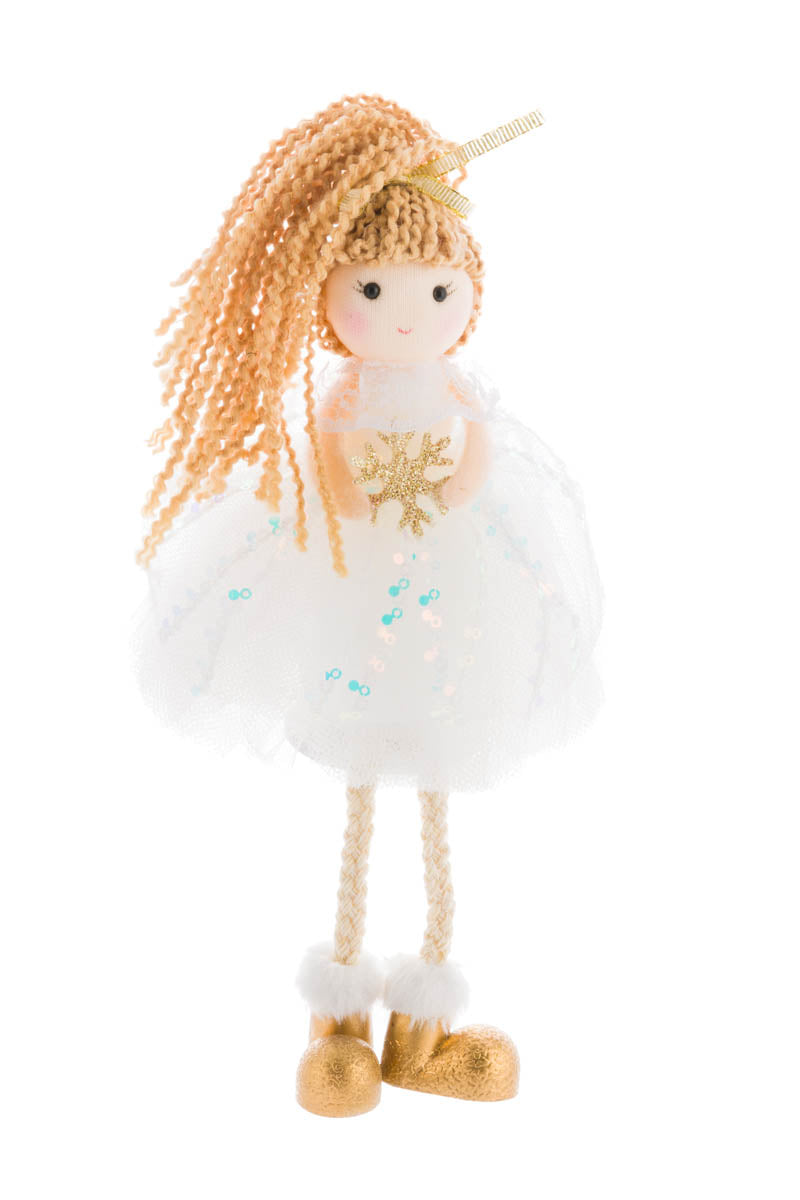7" Sitting White Fabric Dancer Girl Doll with Gold Snowflake