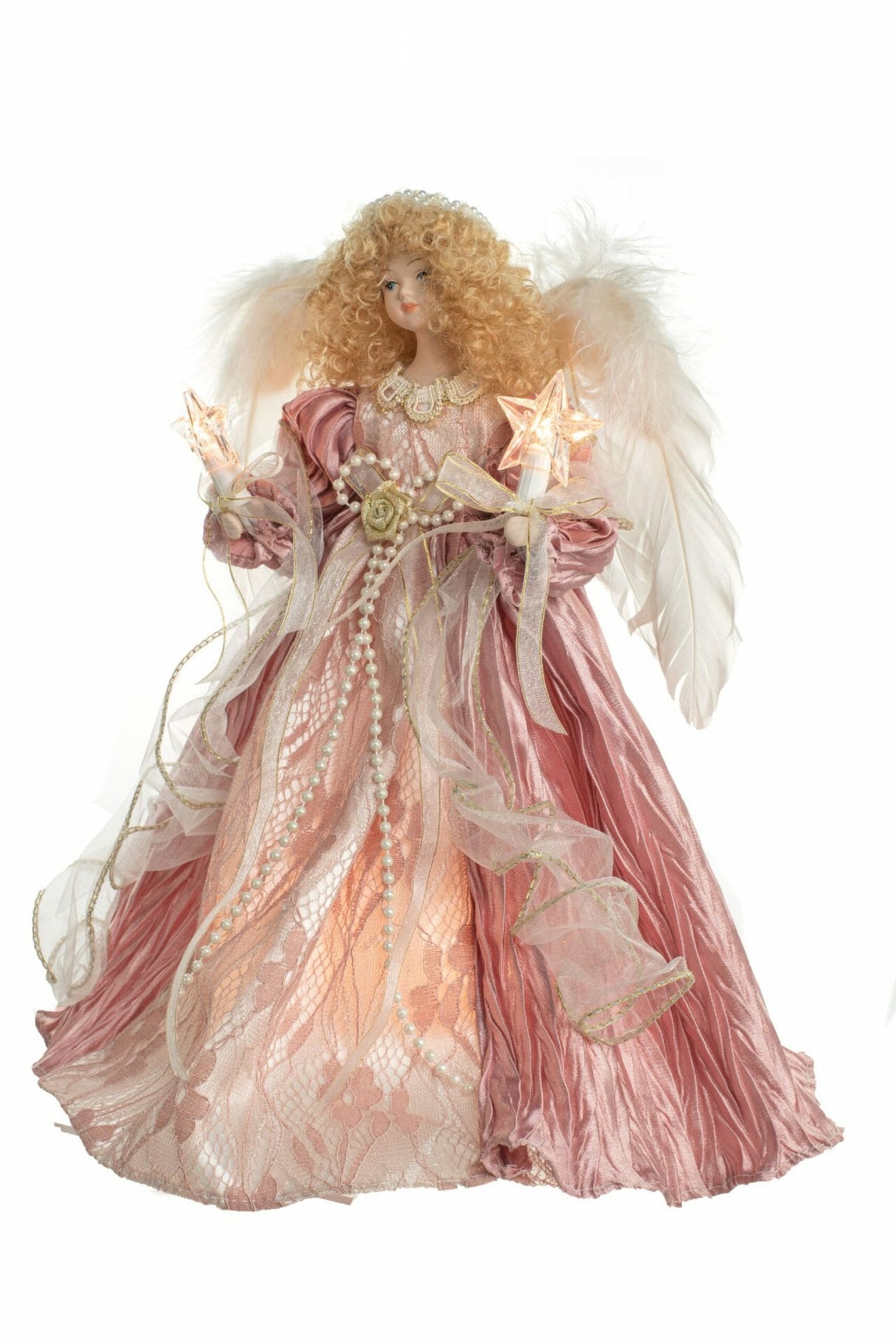 12" Pink Cloth Contemporary 10-Light Angel Tree Topper with Blonde Curly Hair