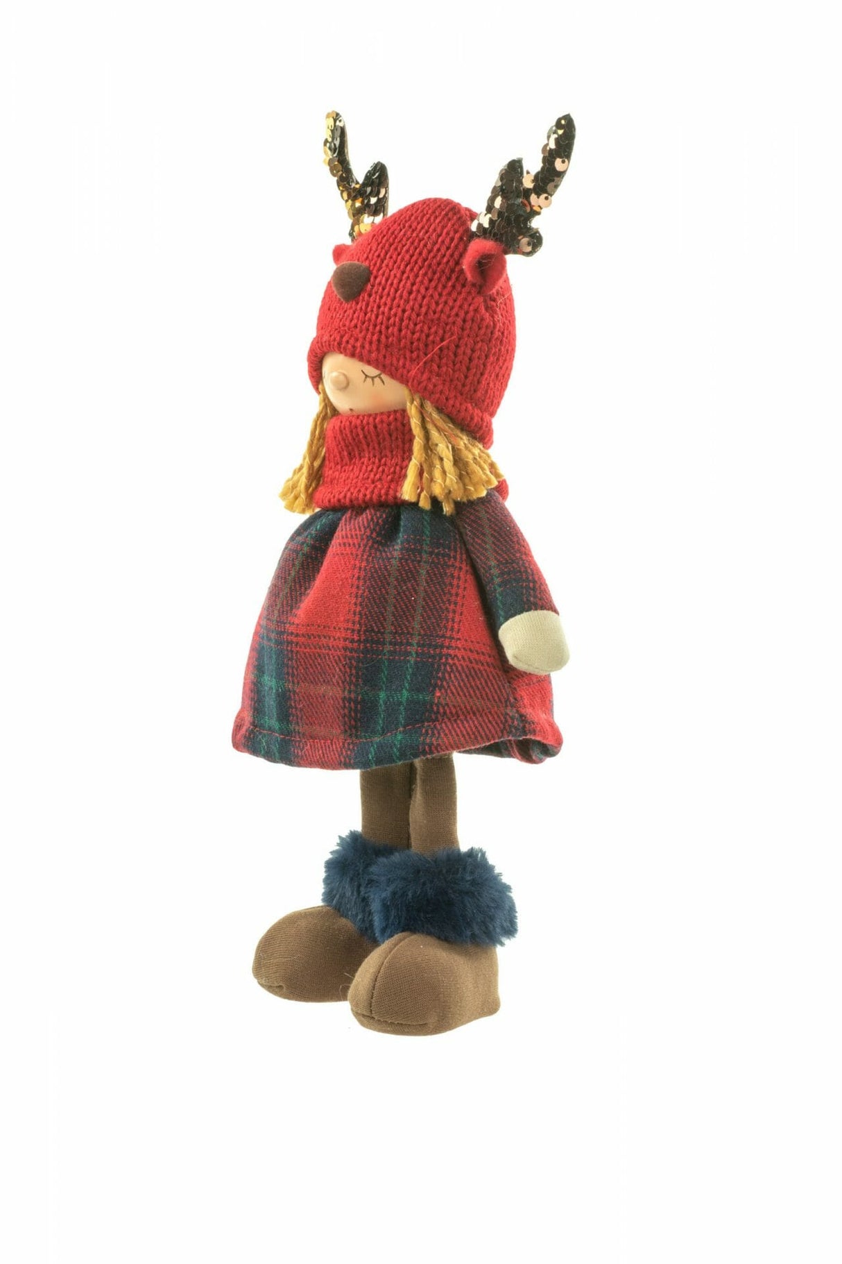 13" Red and Green Polyester Girl Doll with Plaid Skirt and Reindeer Beanie