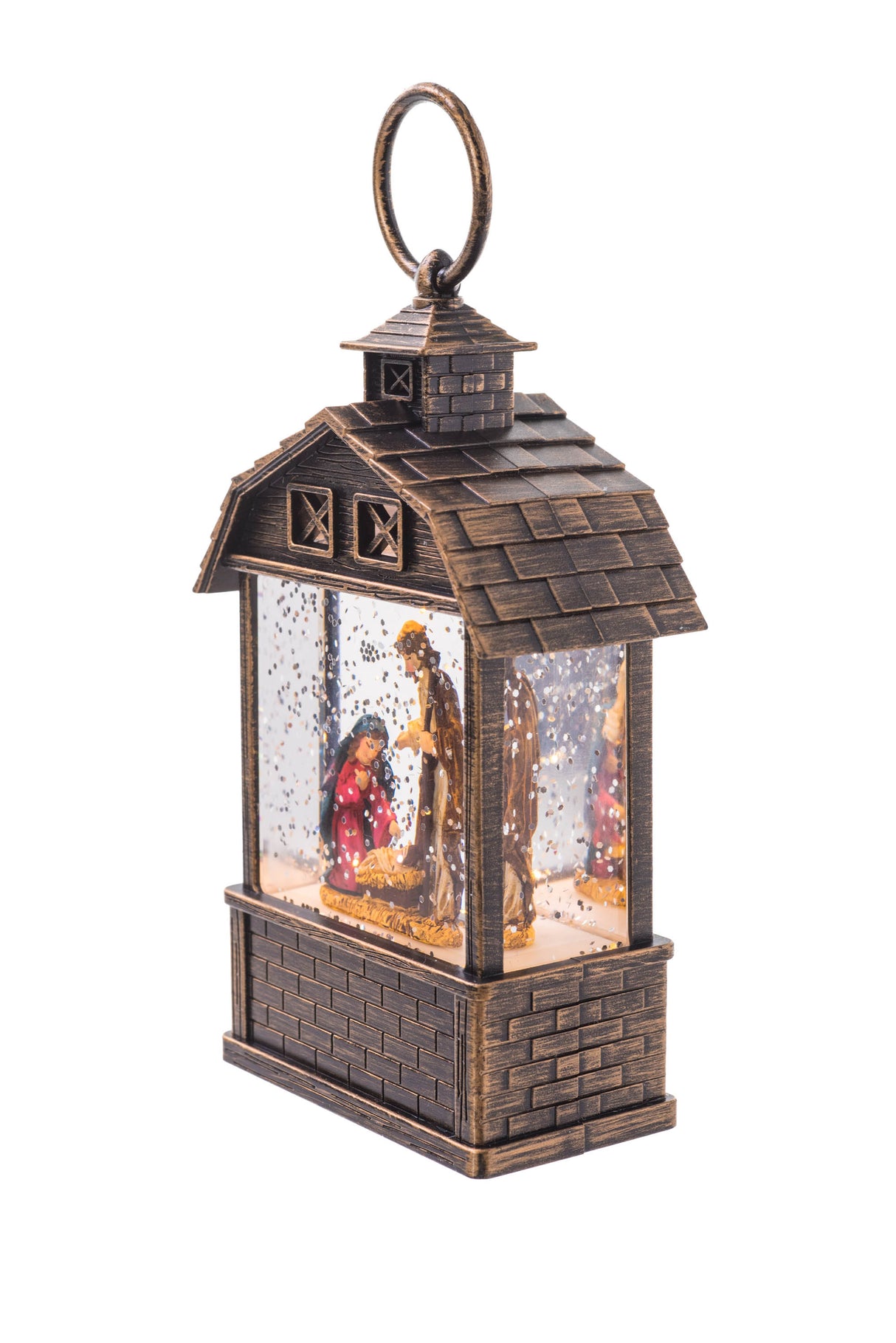 5.5" Mini Brown Plastic Barn-Style LED Snow Globe with Nativity