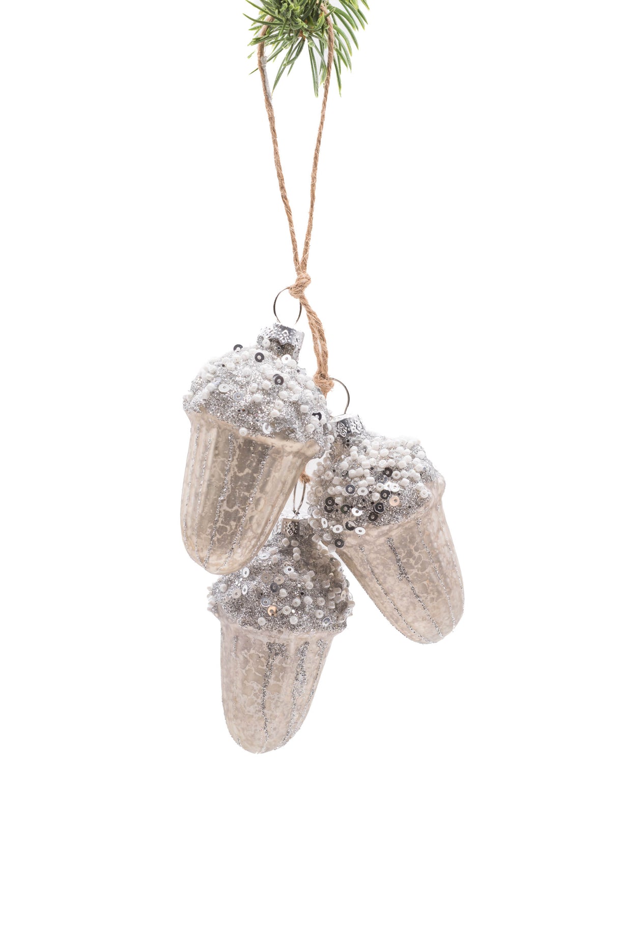 6" Hanging Silver Glass Acorns Ornament Ornament with Glittering Caps