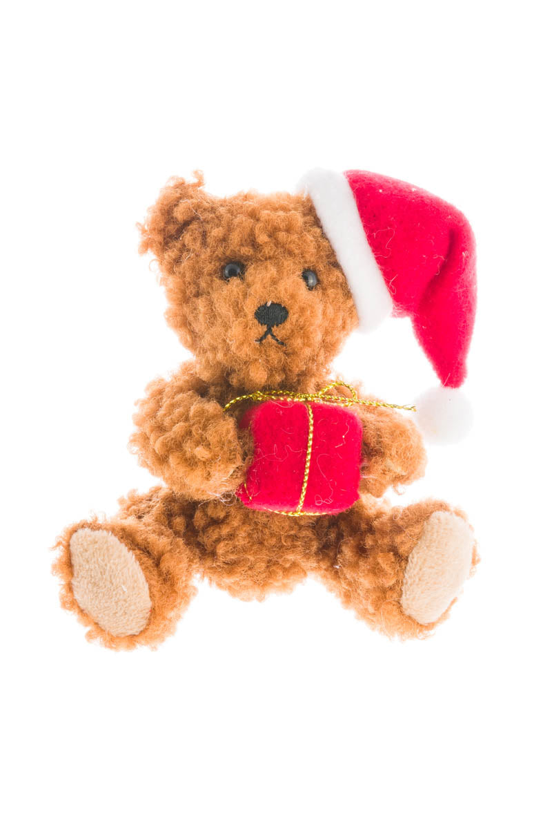 4" Sitting Brown Fabric Teddy Bear Doll with Present and Santa Hat