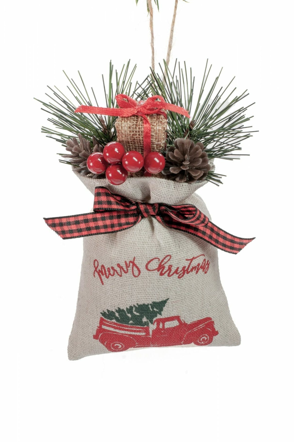 5.5" Hanging Ivory Cloth Gift Bag Ornament with "Merry Christmas" and Red Truck
