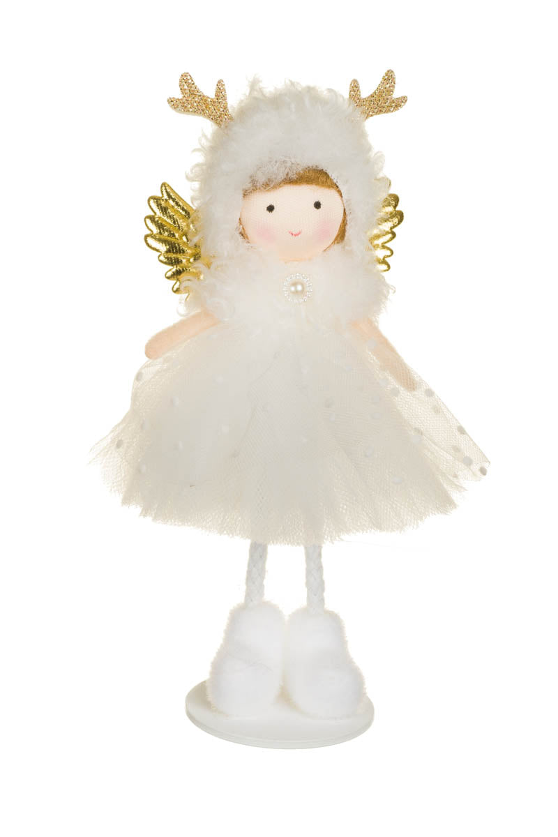 6.25" Hangable White Fabric Cherub Girl Doll with Reindeer Hat