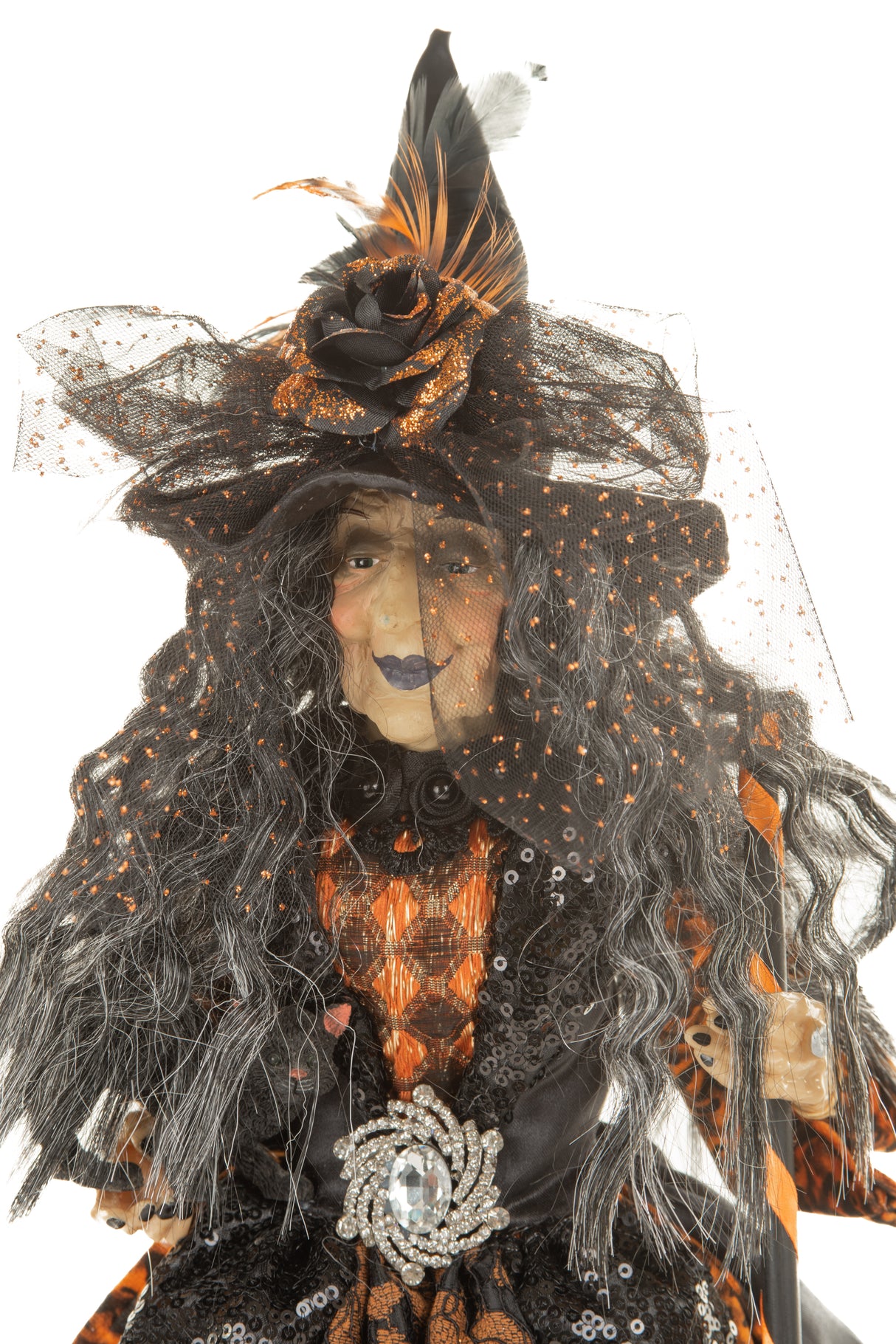18" Sequin Black and Orange Silk Decadent Witch with Cradled Cat