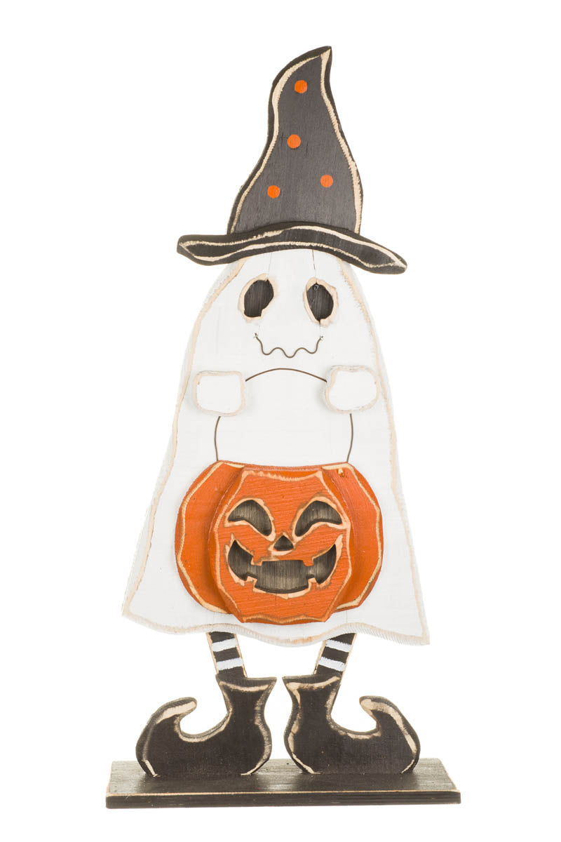 30" White Wooden Trick-Or-Treating Ghost Display with Witch Hat
