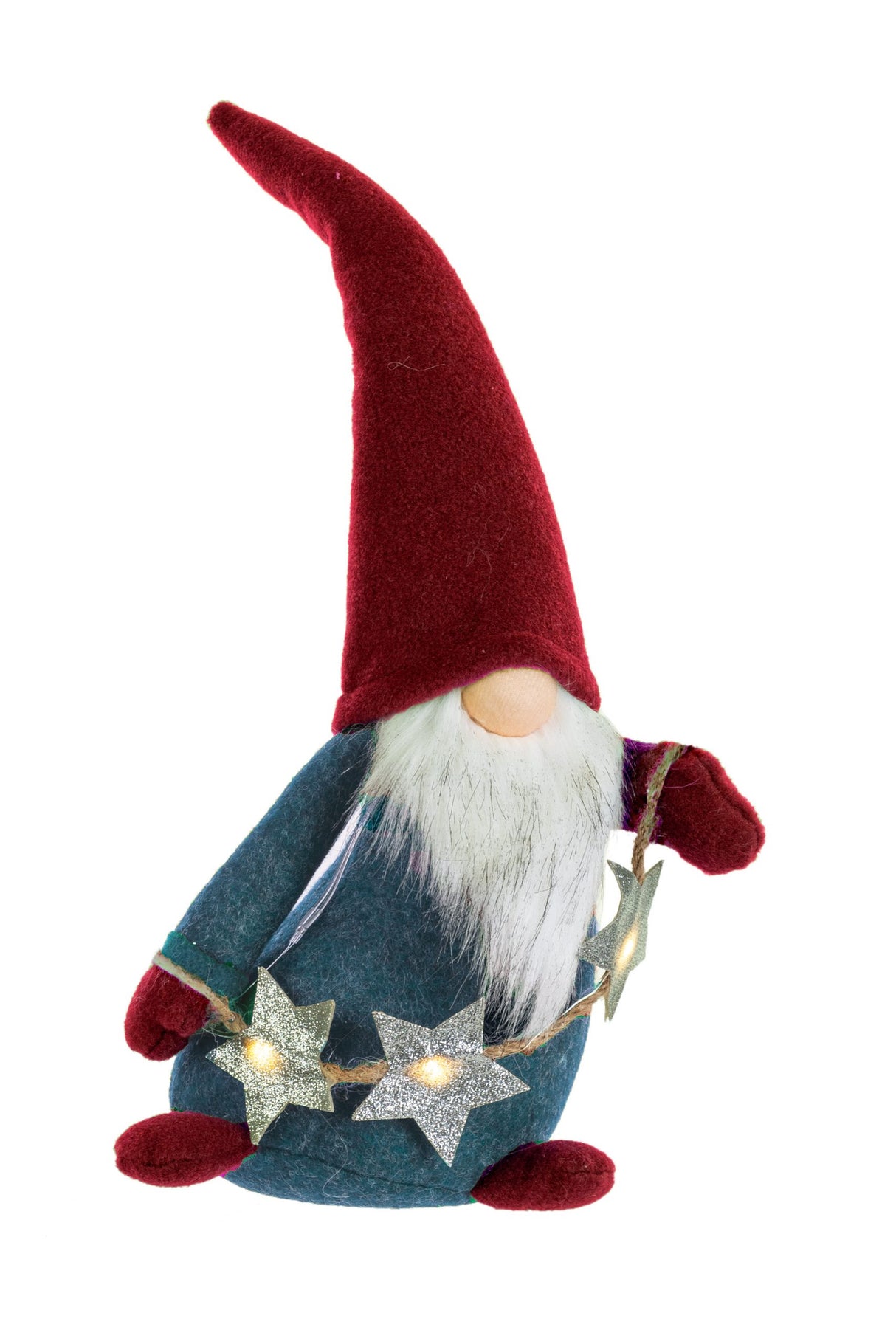 15" Red and Blue Cloth Waving LED Gnome with Star Garland