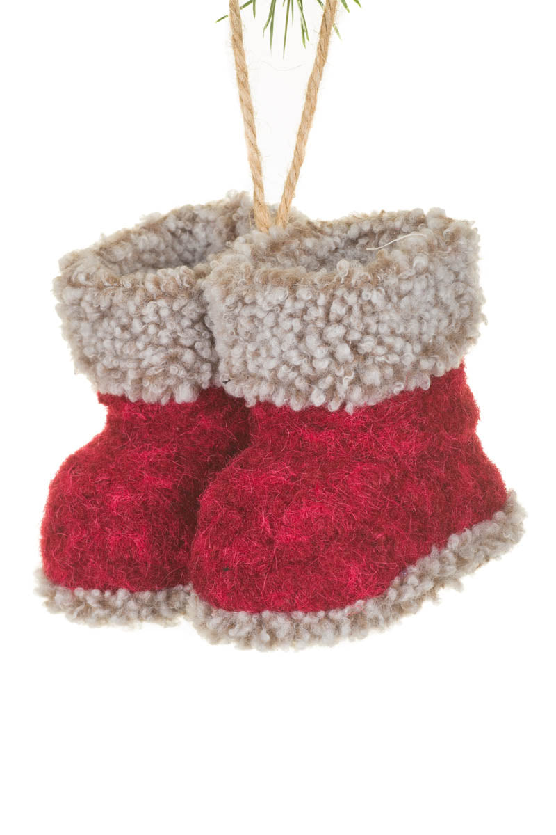 4" Hangable Red Fabric Boots Ornament with Gray Trim