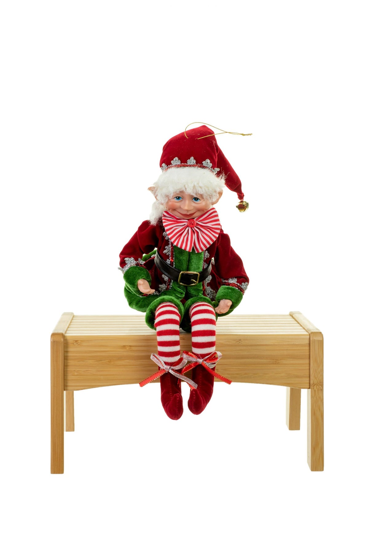 19" Red and Green Cloth Fancy Elf Figurine with Posable Hat