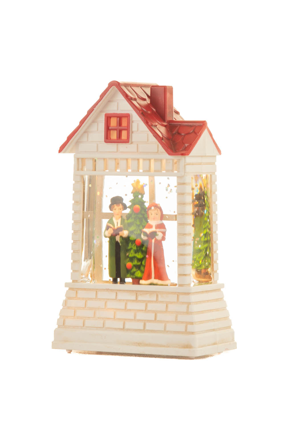 12.5" Mini White and Red Plastic Brick House Warm White LED Snow Globe with Carolers