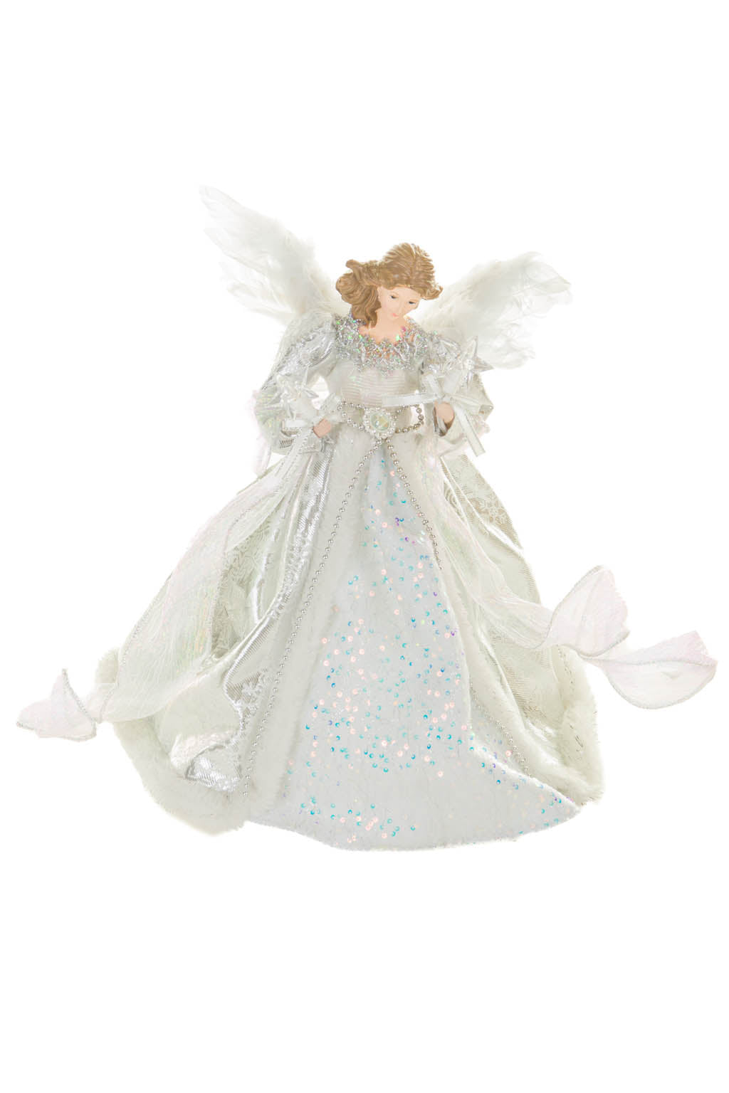 15" Sequin Silver and White Polyester Elegant Warm White LED Angel Tree Topper In Snowflake Dress