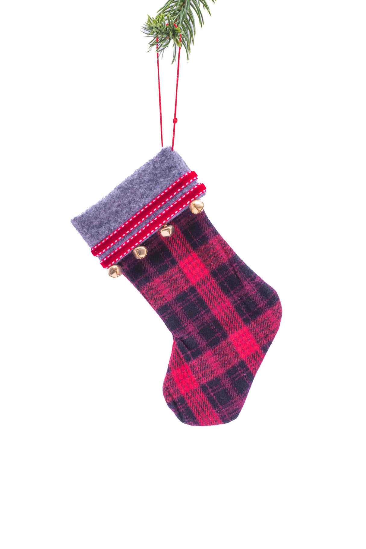 7" Hanging Red and Black Cloth Plaid Stocking Ornament