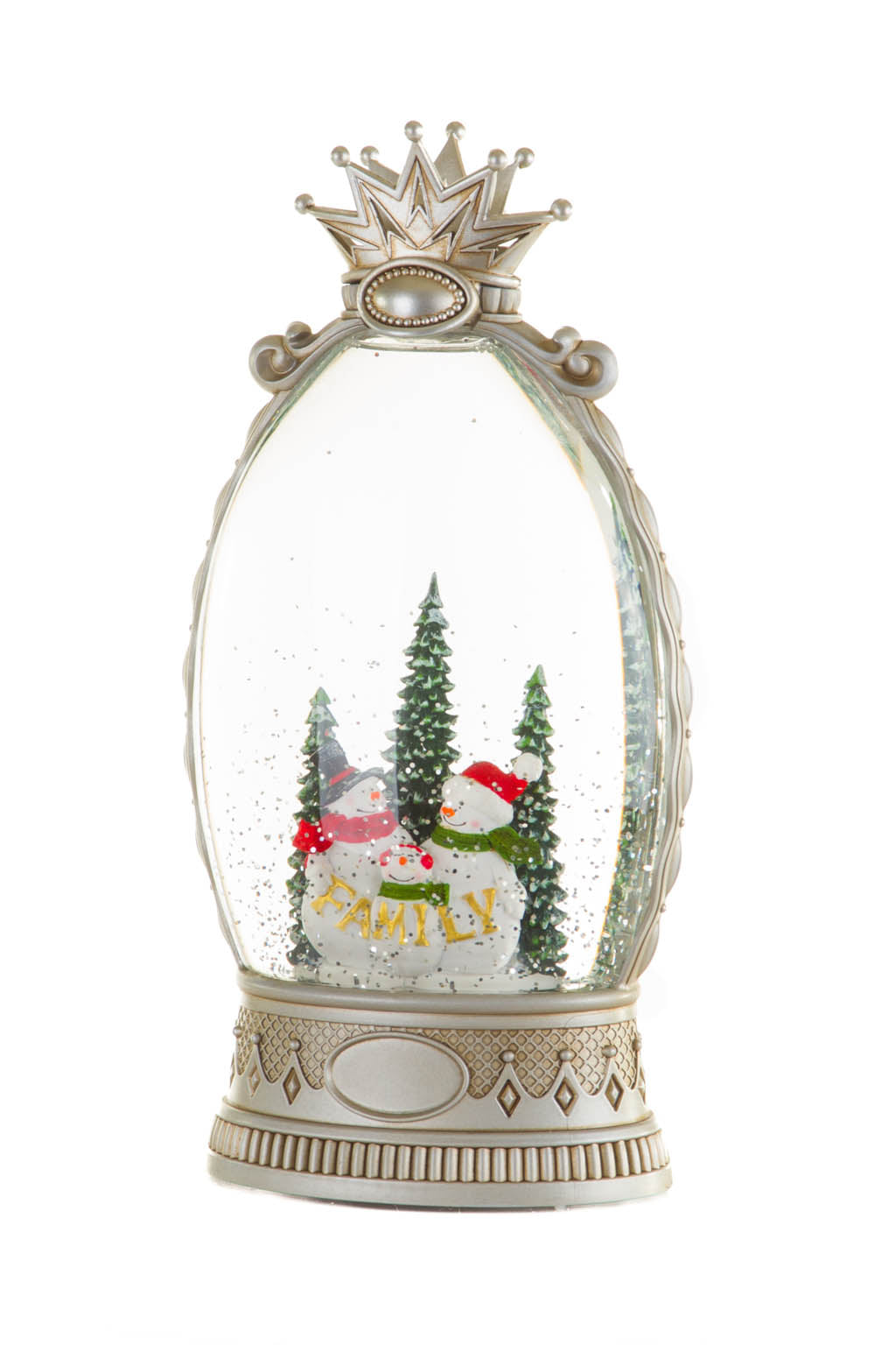 26" Musical Silver Plastic Snowman Family Warm White LED Snow Globe with Swirling Glitter