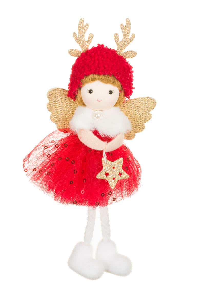8" Hangable Red and Gold Fabric Cherub Girl Doll with Reindeer Hat