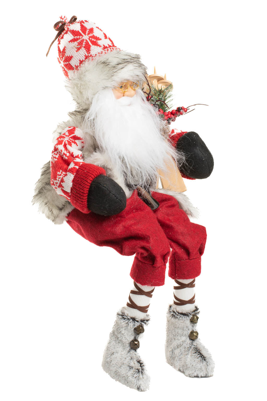 18" Sitting Snowflake Red and White Knitted Alpine Santa Figurine with Skis