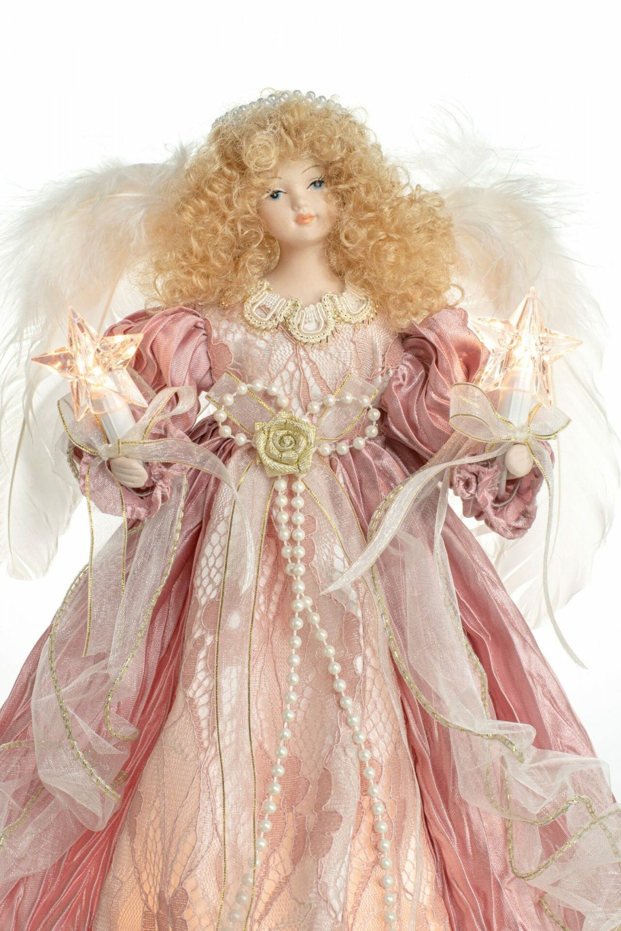12" Pink Cloth Contemporary 10-Light Angel Tree Topper with Blonde Curly Hair