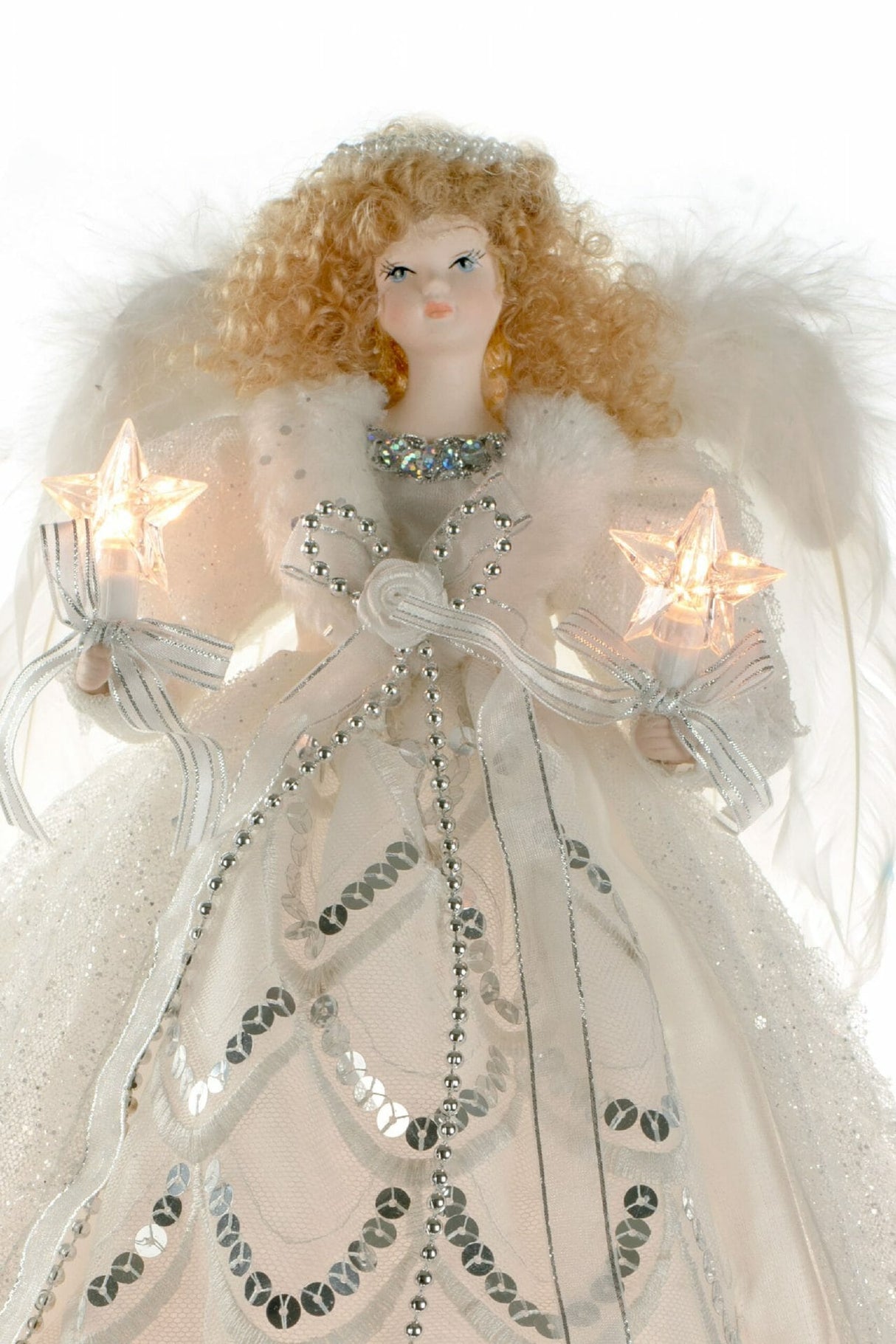 14" White and Silver Cloth Contemporary 10-Light Angel Tree Topper with Blonde Curly Hair
