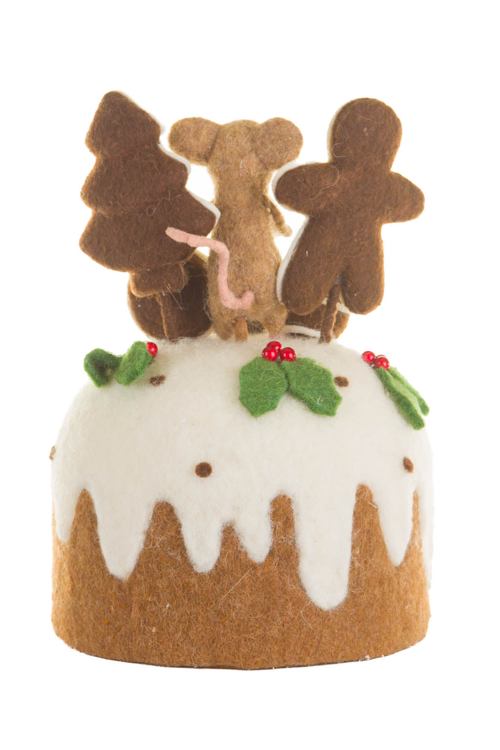 11.75" White and Brown Fleece Mousey Cake Display with Gingerbread Man
