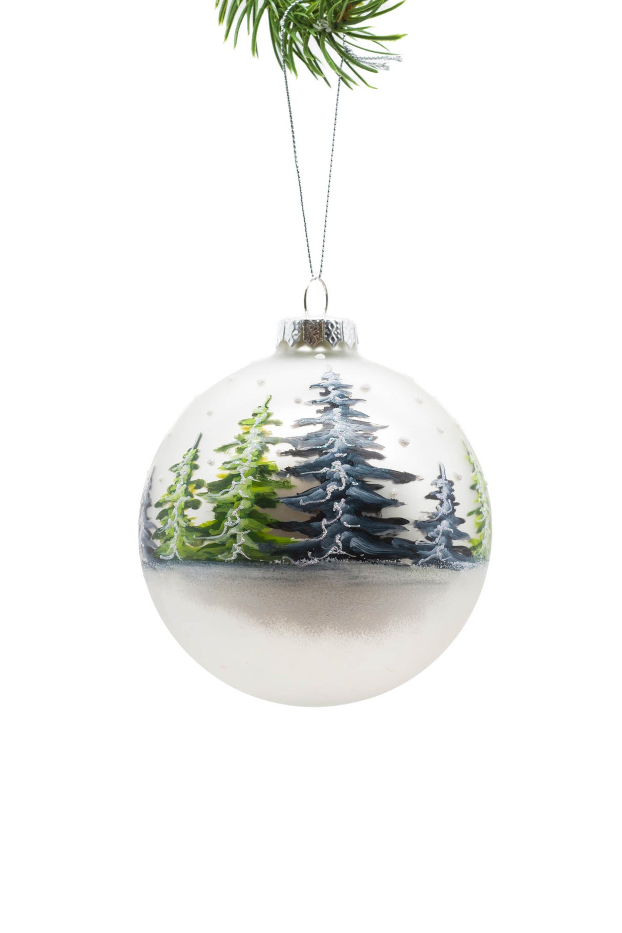 4" Hanging Silver Glass Painted Ball Ornament with Snowy Field