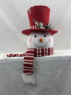 13.5" White and Buffalo Plaid Fleece Snowman Head Tree Topper with Red Top Hat