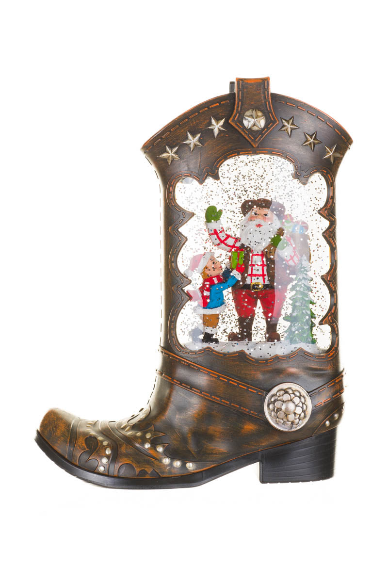 10.25" Brown Plastic Cowboy Boot Warm White LED Snow Globe with Rancher Santa