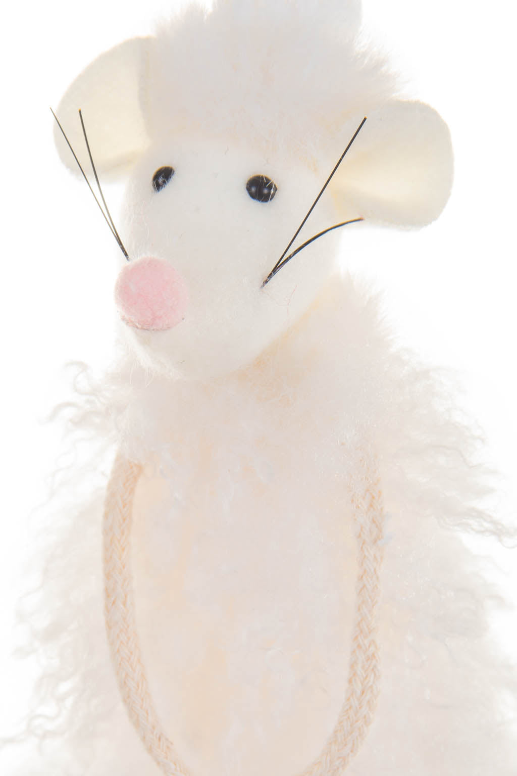 12" Hanging White Cotton Mouse Ornament with White Stocking Cap