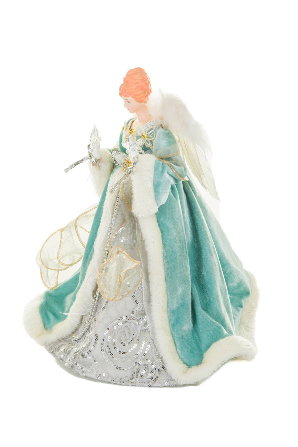 15" Turquoise and White Cotton Sleek Warm White LED Angel Tree Topper with Glowing Stars