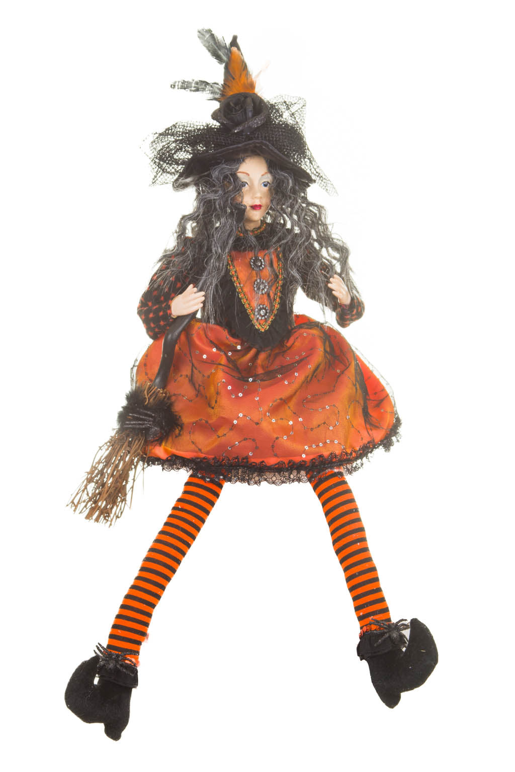 28" Sitting Orange and Black Cloth Compelling Witch Figure with Broomstick