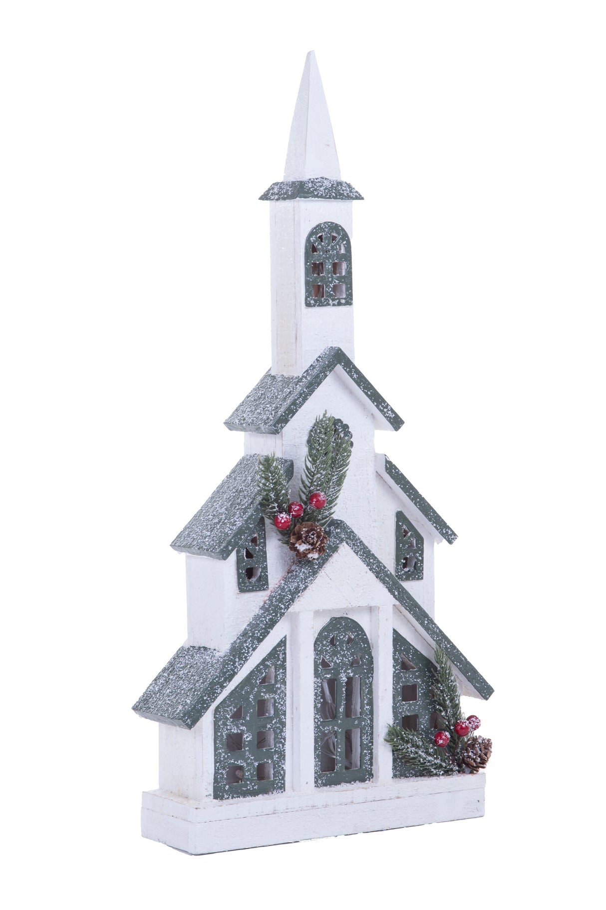 22" Geometric White and Green Wood Winter Church Warm White LED Display