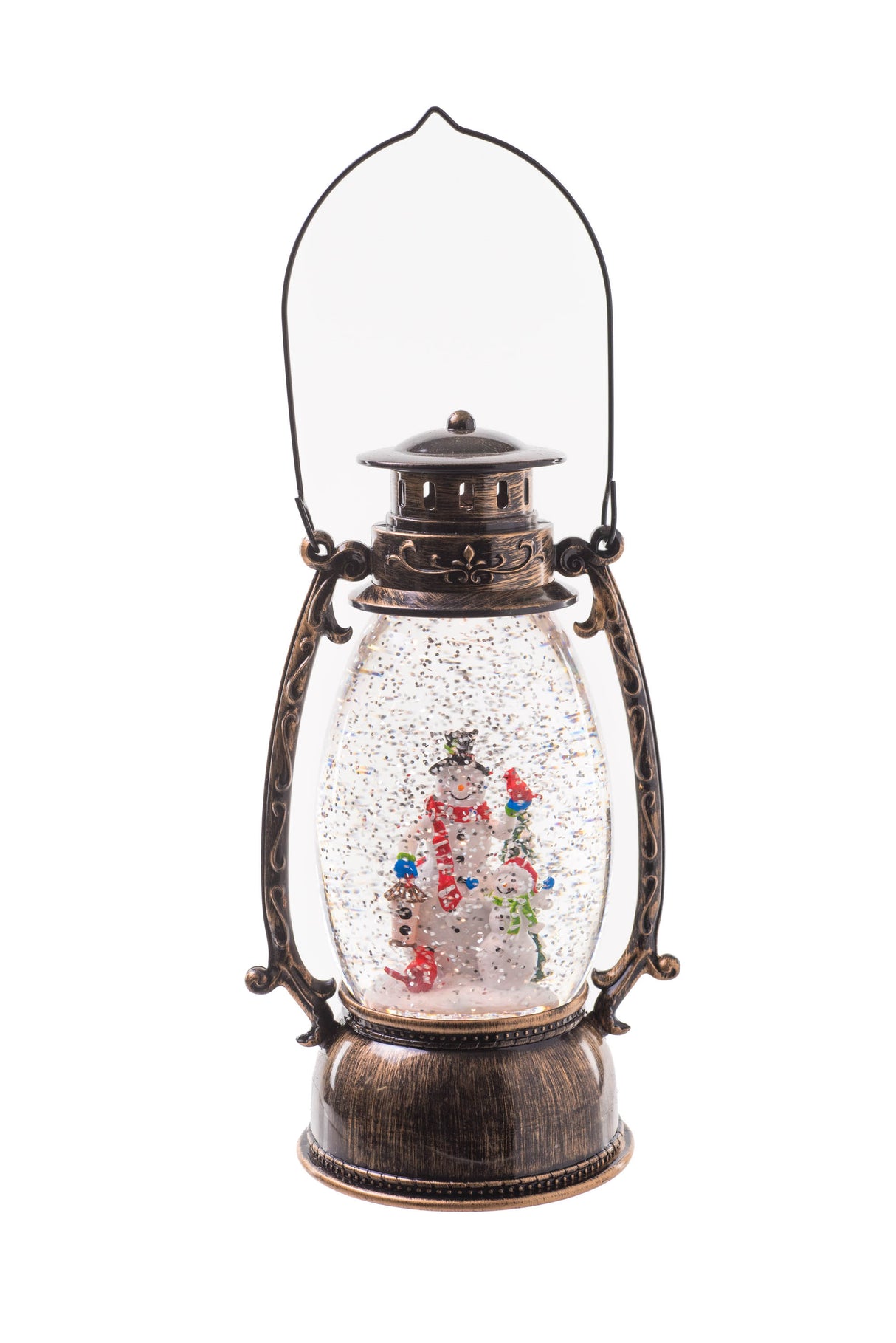 9.5" Slim Brown Plastic Oil Lantern LED Snow Globe with Snowman Family