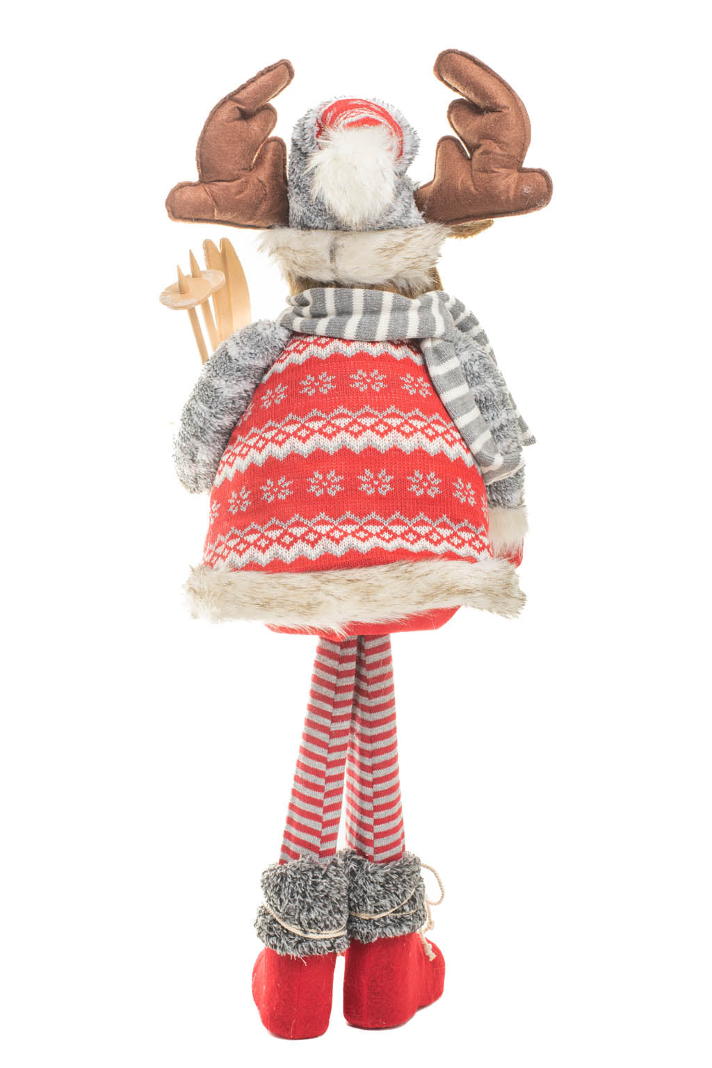 29" Red and Gray Knitted Moose Figurine with Skis