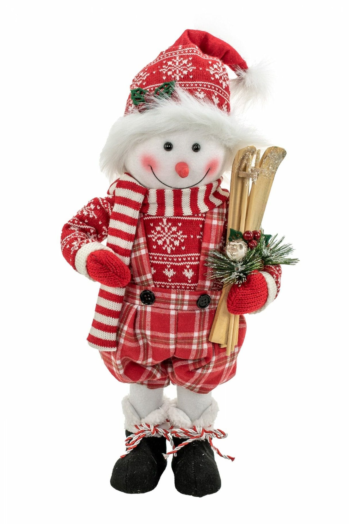 21" Plaid Red Cloth Boy Snowman with Skis and Overalls