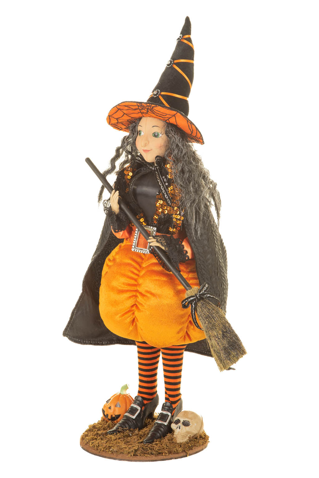 20" Sequin Black and Orange Polyester Pumpkin Witch Figure