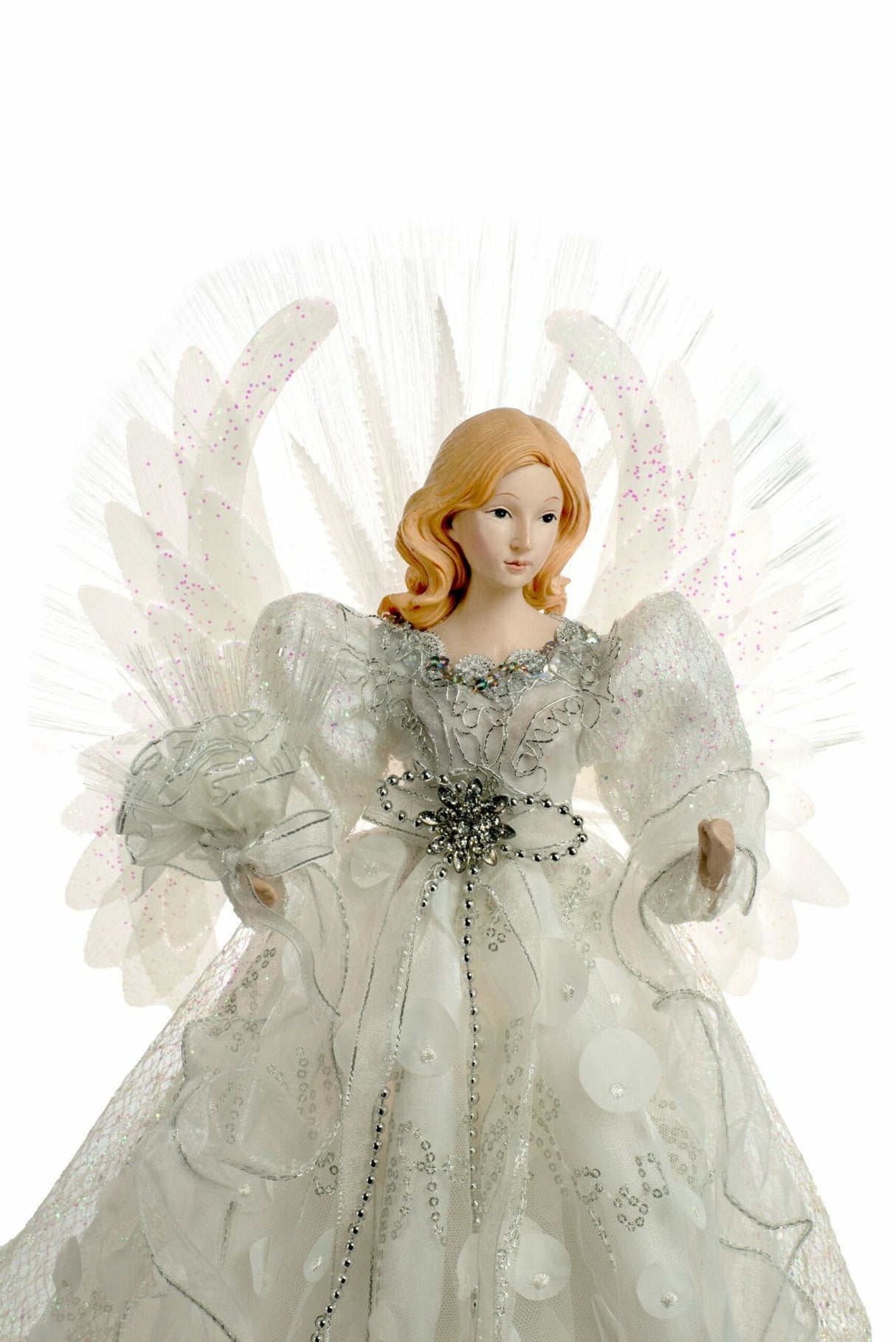 18" White Cloth Modern Fiber Optic Angel Tree Topper with Spotted Dress