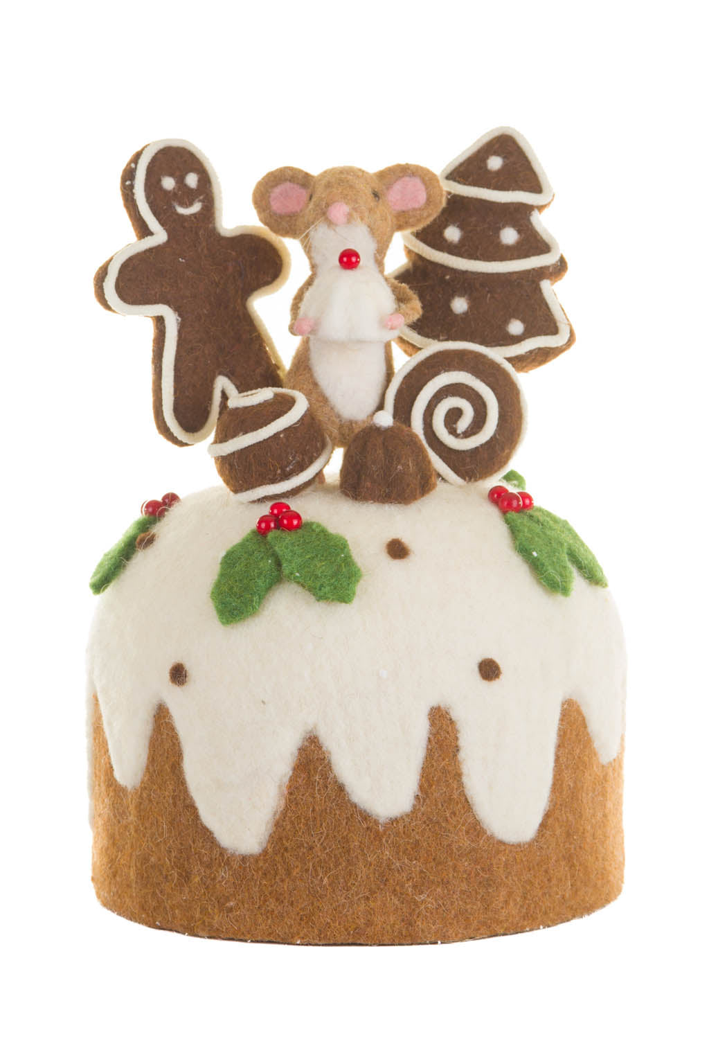 11.75" White and Brown Fleece Mousey Cake Display with Gingerbread Man