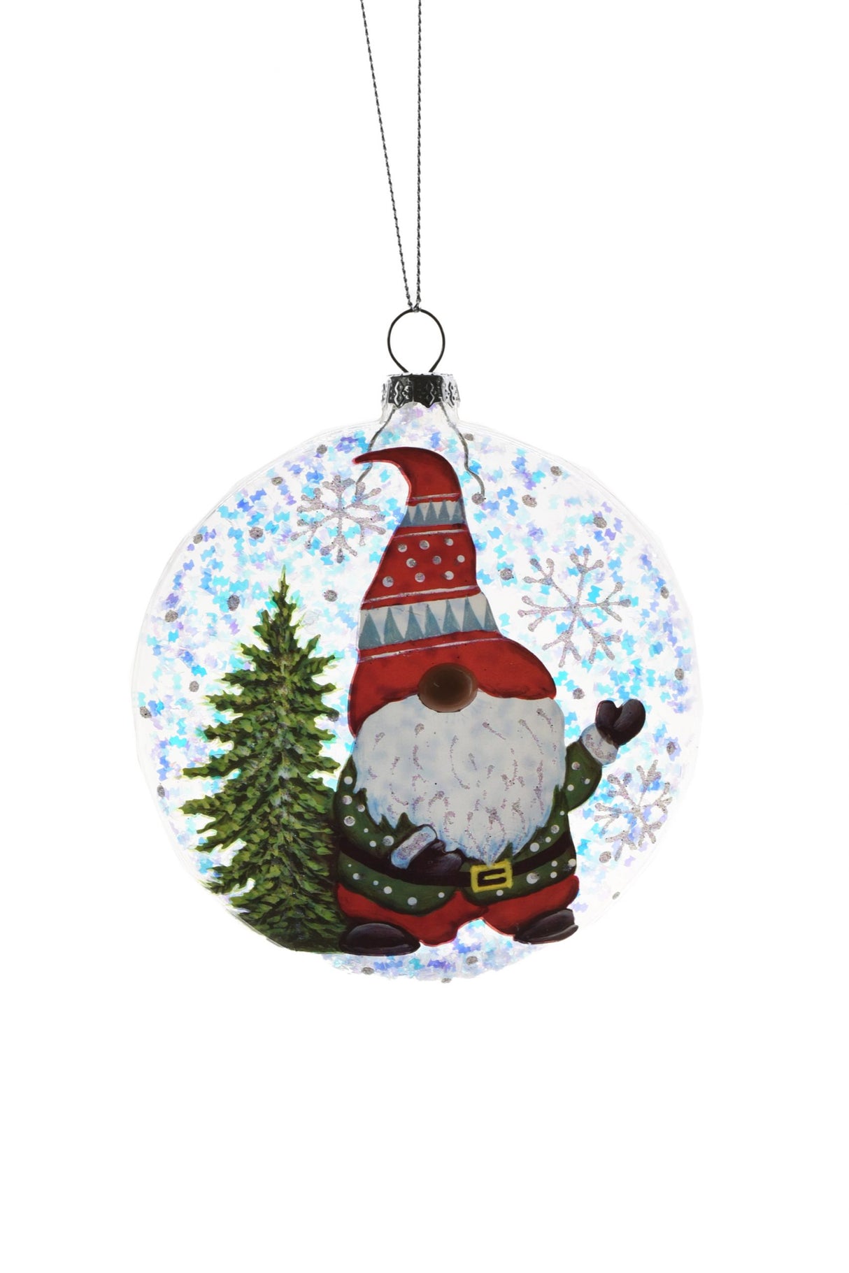 4"Flat Hanging Clear Glass Ball Ornament with Gnome and Candy Cane