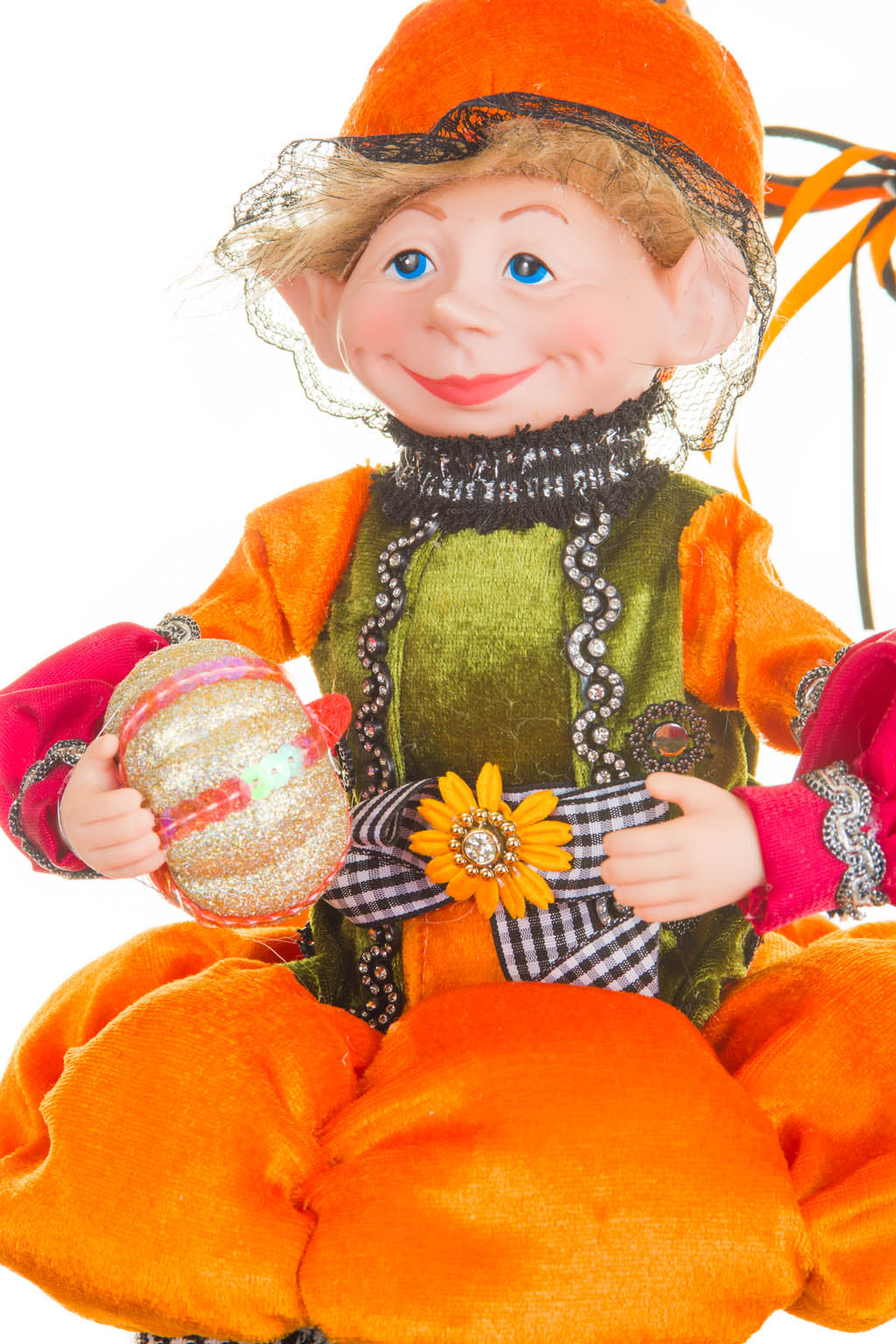26" Sitting Velveteen Orange and Green Cotton Impish Elf Doll with Pumpkin Suit