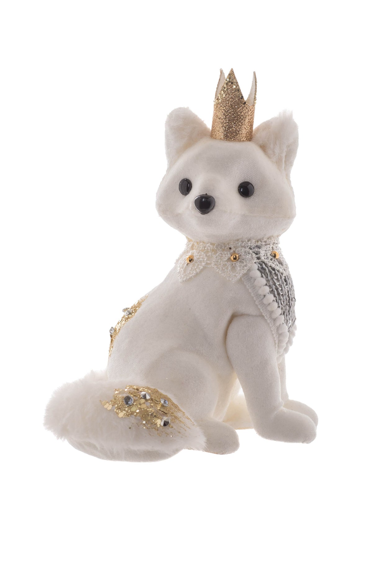 7.5" Ornamental White and Gold Cloth Fox Figurine with Crown