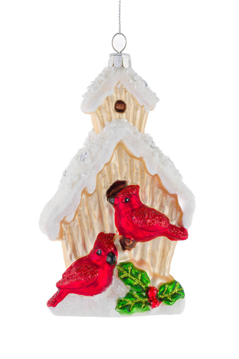 5.25" Cozy Hanging Off-White Glass Birdhouse Ornament with Cardinals