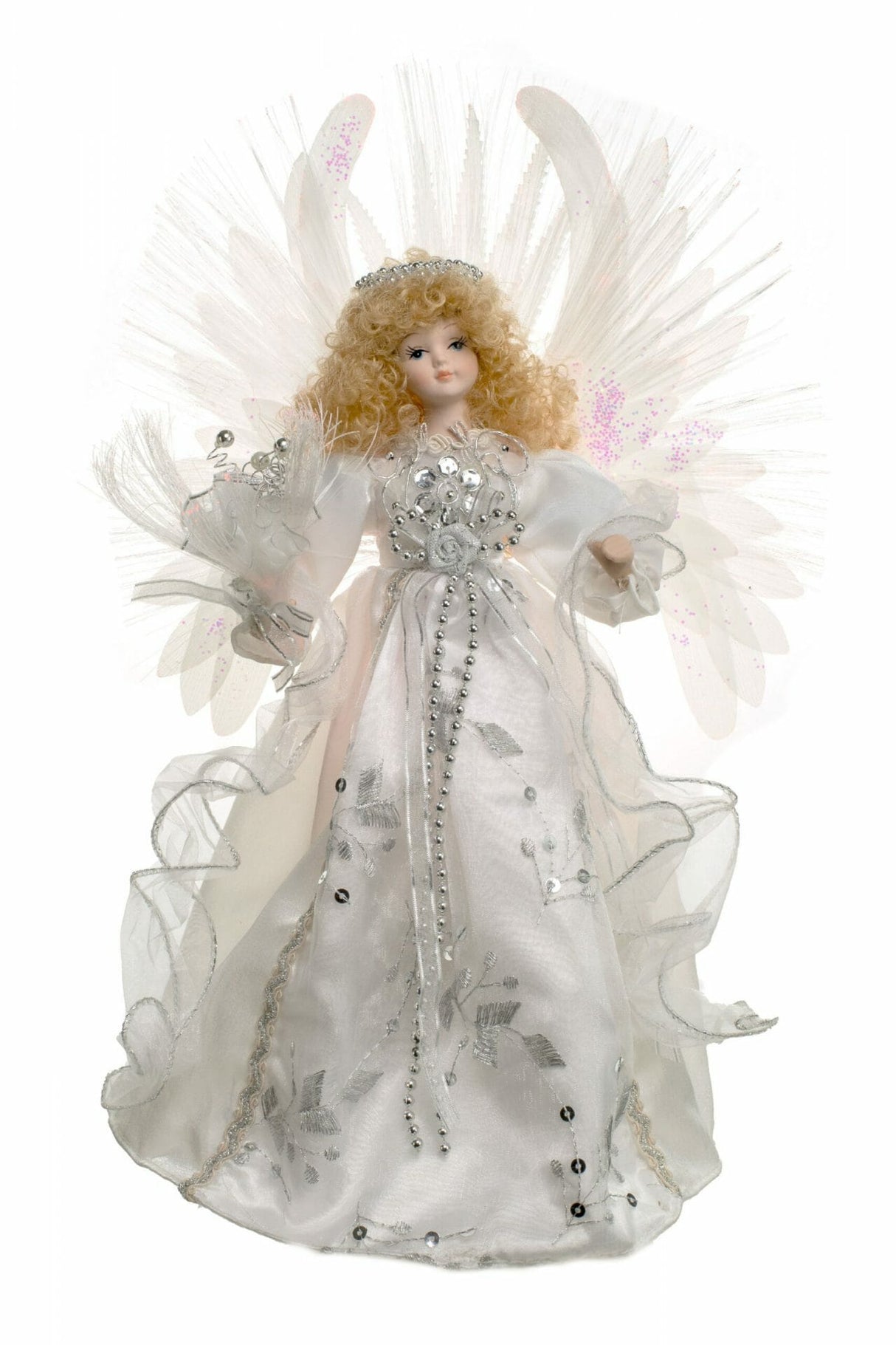 13" White Cloth Contemporary Fiber Optic Angel Tree Topper with Blonde Hair