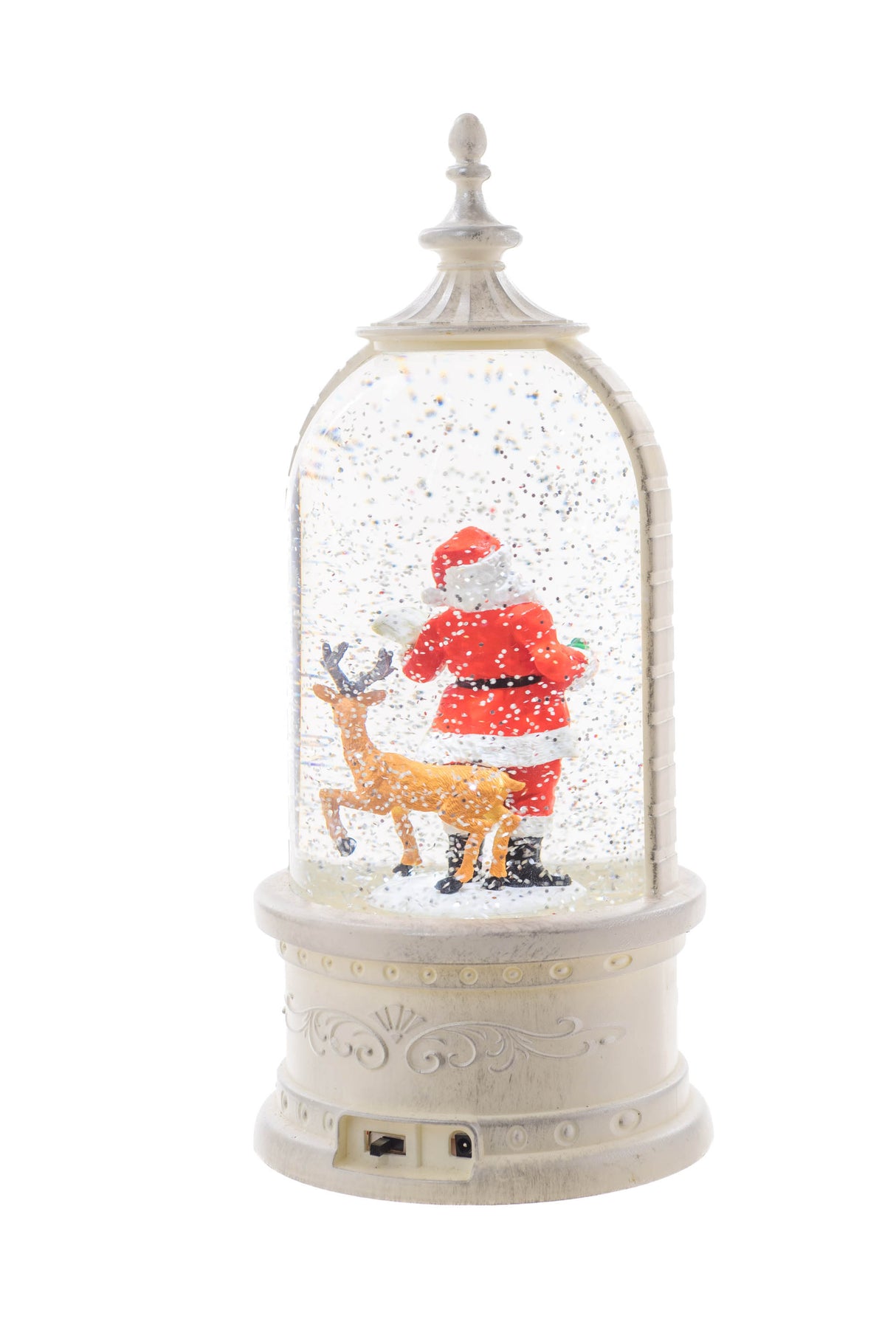 11" White Plastic Lantern LED Snow Globe with Santa and His Friends