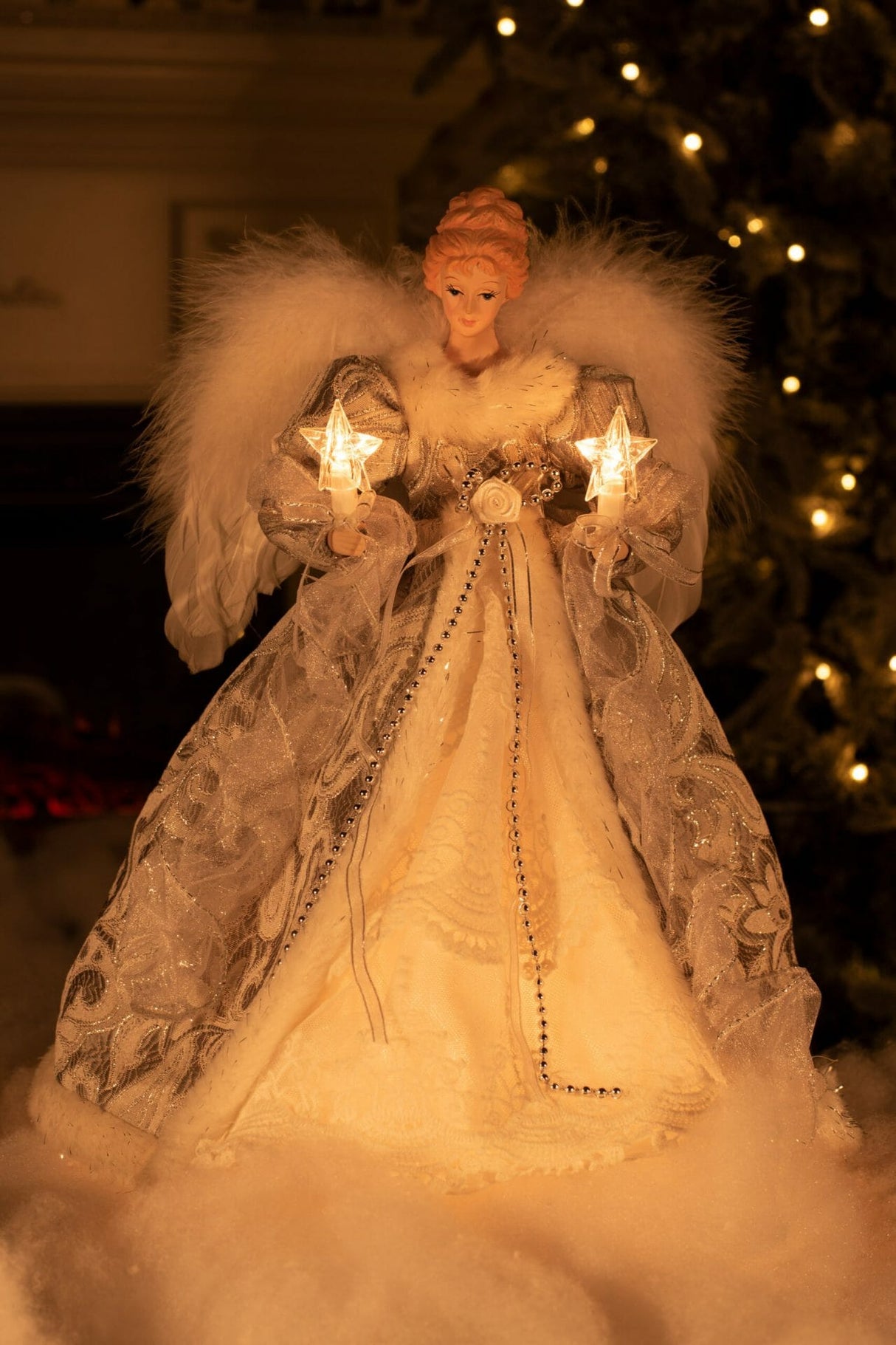 14" Silver and White Cloth Vintage 10-Light Angel Tree Topper with White Fluffy Wings