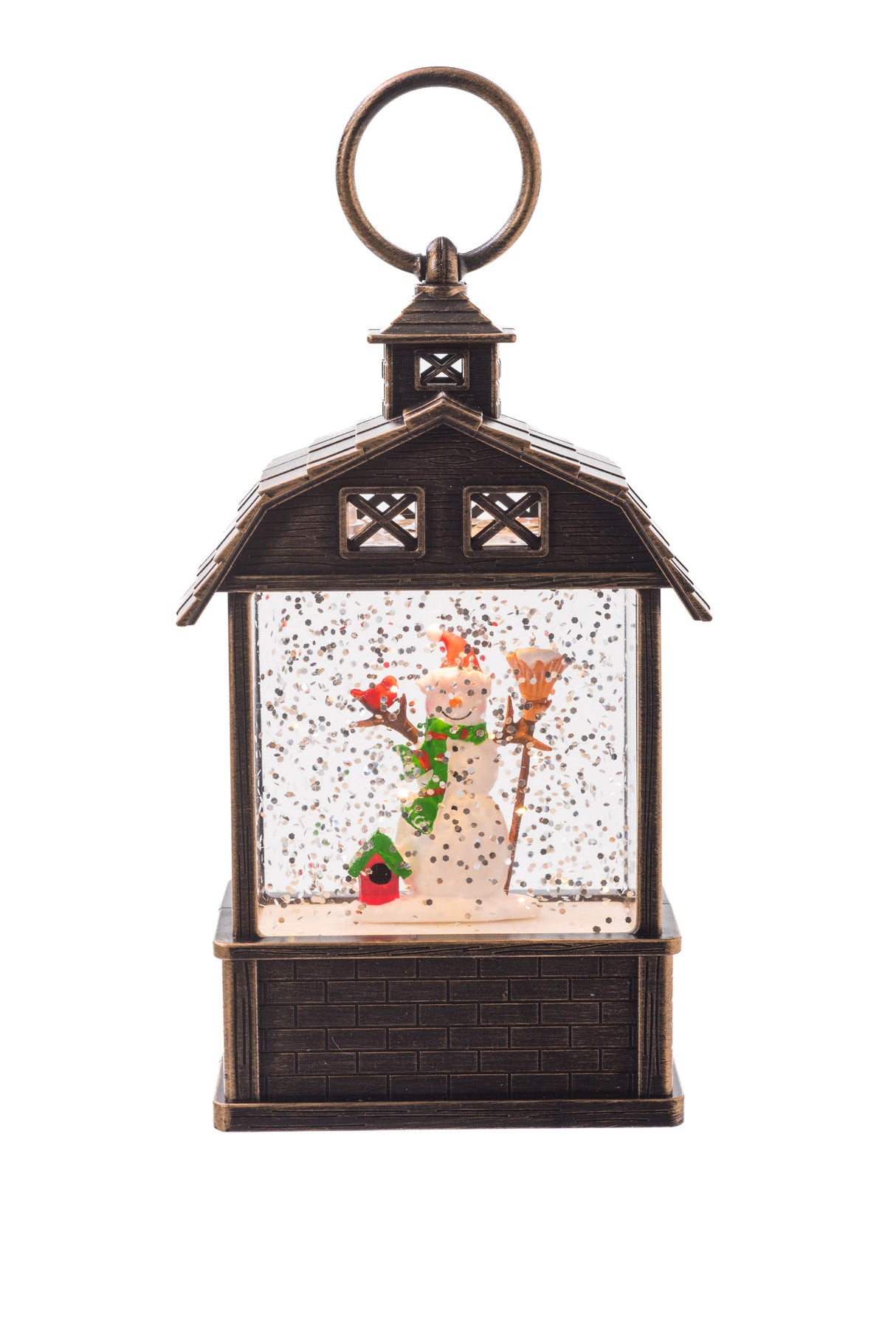 5.5" Mini Brown Plastic Barn-Style LED Snow Globe with Snowman