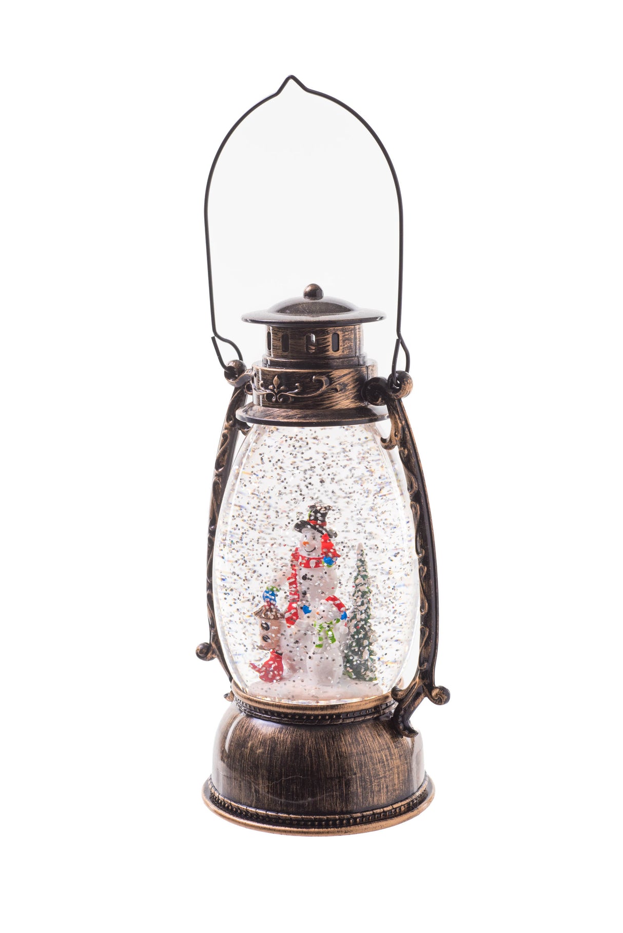 9.5" Slim Brown Plastic Oil Lantern LED Snow Globe with Snowman Family