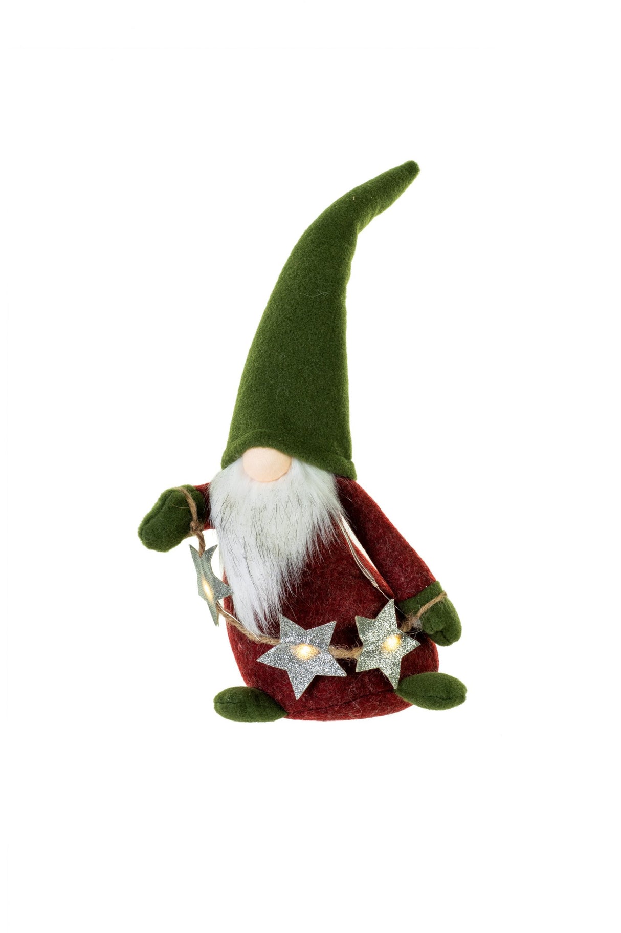 15" Green and Red Cloth Waving LED Gnome with Star Garland