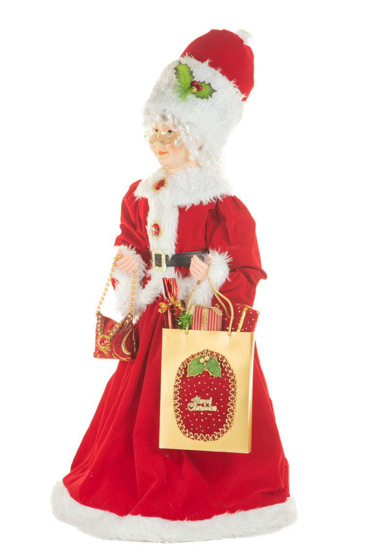 32" Burgundy Cloth Mrs. Claus Figurine with Gift Bag